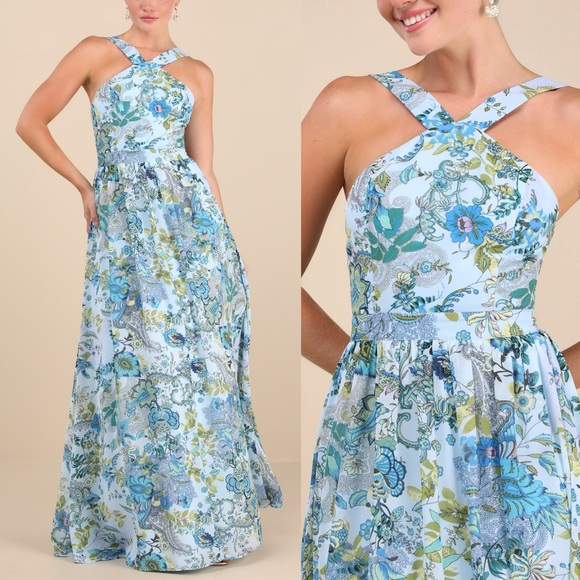 NWT Lulus Lilja Blue Floral Print Maxi Dress | Medium - Picture 1 of 10